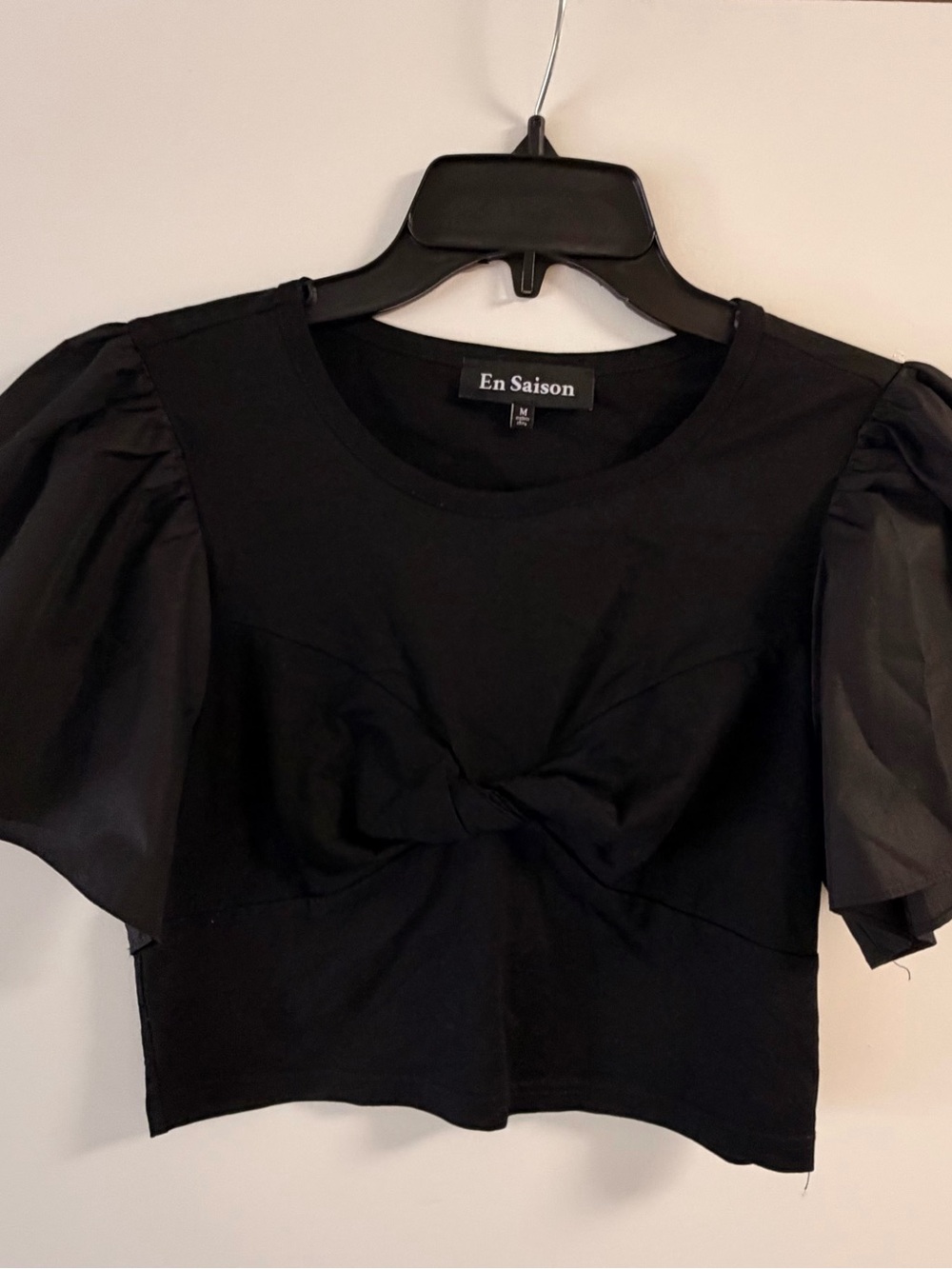 En Saison Black Knot Front Puff Sleeve Crop Top